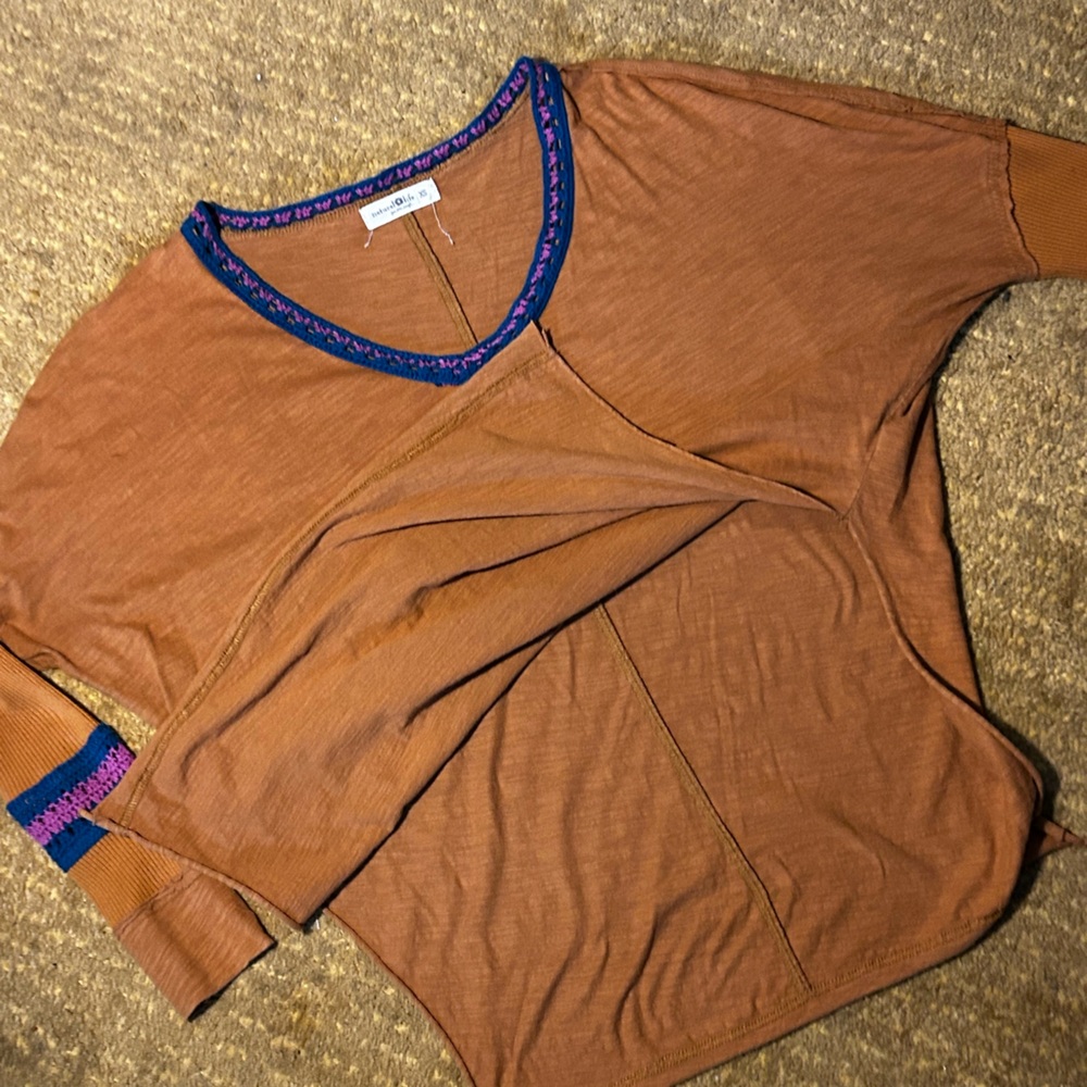 Natural Life mustard oversized boho comfy cotton crochet hippie long sleeve top - Picture 13 of 15